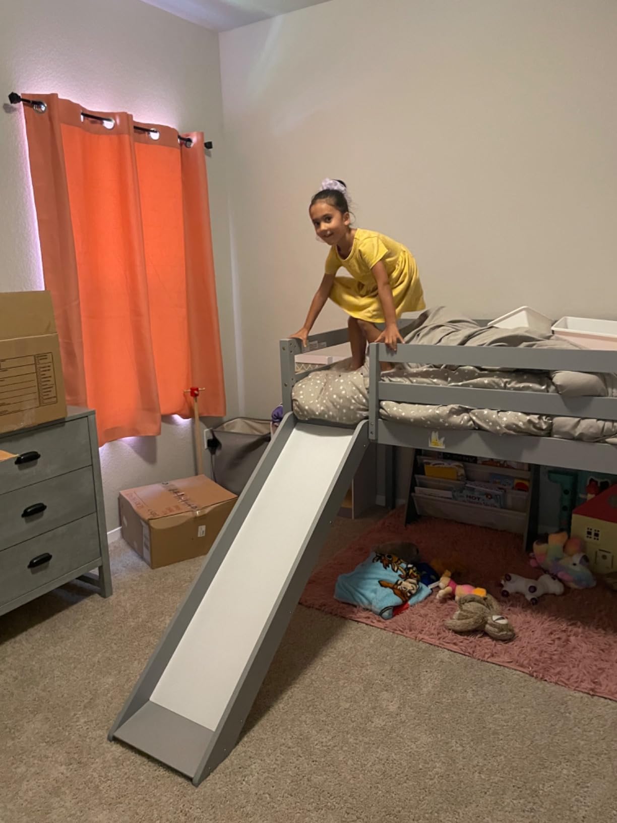 MU Low Bunk Bed with Slide, Twin Over Twin Bunk Bed, Solid Wood Bed Frame with Climbing Ladder & Safety Guard Rail, Floor Loft Bed with Storage Space for Kids Toddler, White customer photo 2