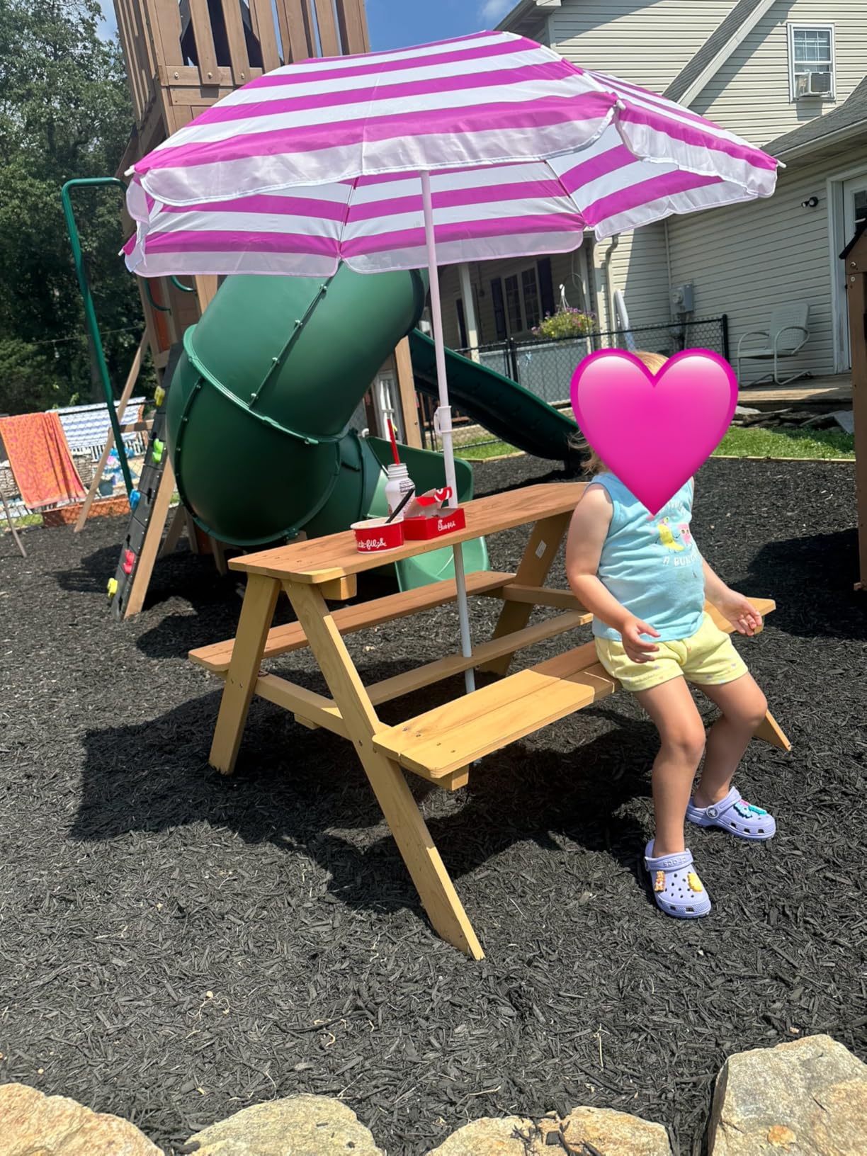 Best Choice Products Wooden Kids Picnic Table with Umbrella, Outdoor Activity Table Set with Built-in Benches, 220 lb Capacity per Bench - Golden Brown/Navy customer photo 2