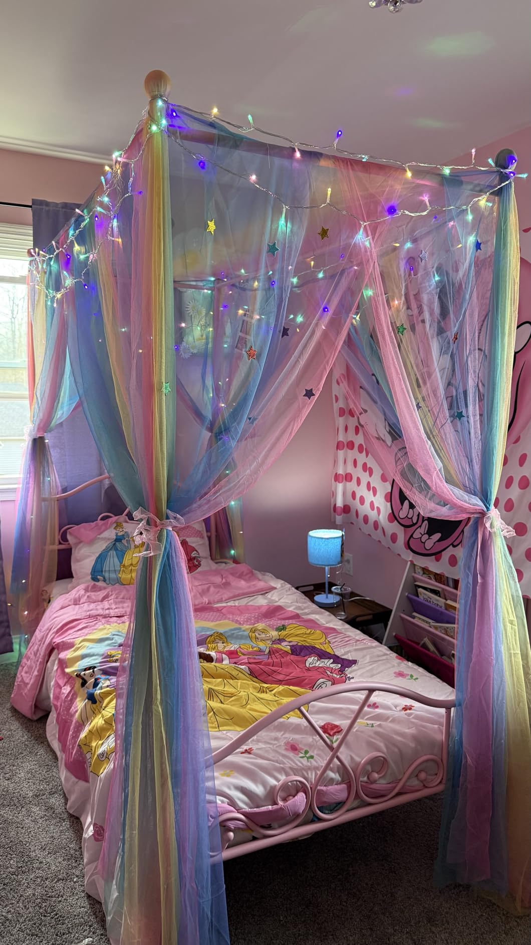 Weehom Twin Canopy Bed Frame with Headboard and Footboard Metal Four Posters Curtains Design Mattress Foundation Bed Platform Underbed Storage Space No Box Spring Needed for Kids Adults White customer photo 1