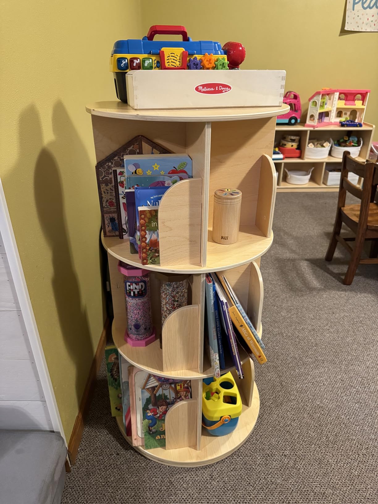 OOOK Kids Rotating Bookshelf, Small Corner Bookshelf for Small Space, 360 Degree Display 3 Tier Floor Standing Bookcase Storage Rack, Wooden Narrow Bookcase Organizer for Bedroom, Living Room customer photo 1