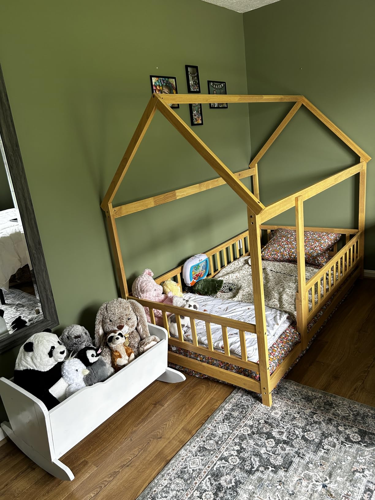 Bellemave Twin Size House Floor Bed Frame, Wooden Montessori Floor Bed with Fence for Kids, Twin Size Kids Bed, Natural customer photo 1