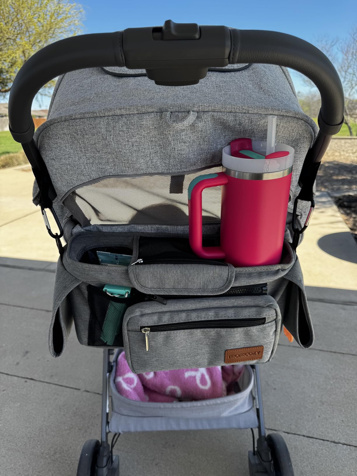 Momcozy Universal Baby Stroller Organizer, 2 Insulated Cup Holder, Detachable Zippered Pocket, Adjustable Shoulder Strap, Large capacity for baby essentials, Compact Design Fits Any Strollers customer photo 1