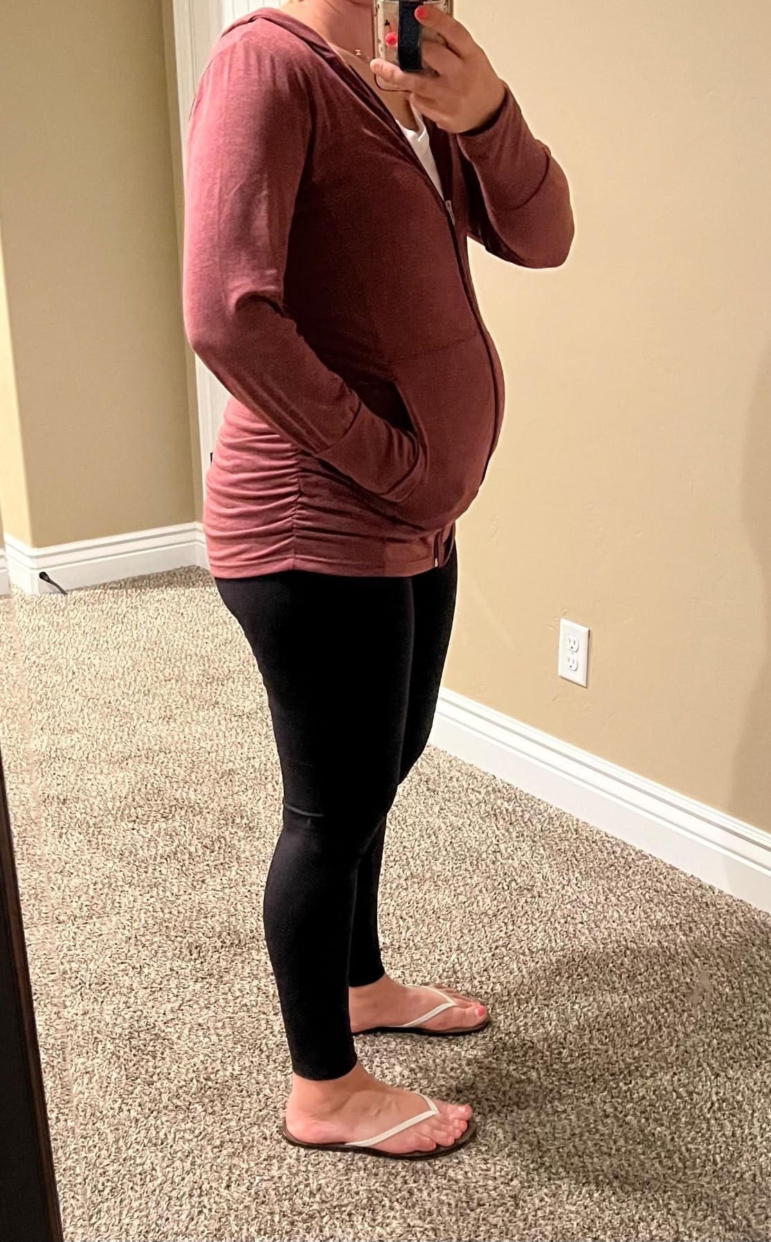 DEBELLY Maternity Sweatshirts Long Sleeve Full Zip Hoodie Casual Pregnancy Women Jacket Top with Pockets, Thumb Hole, Side Ruch customer photo 2