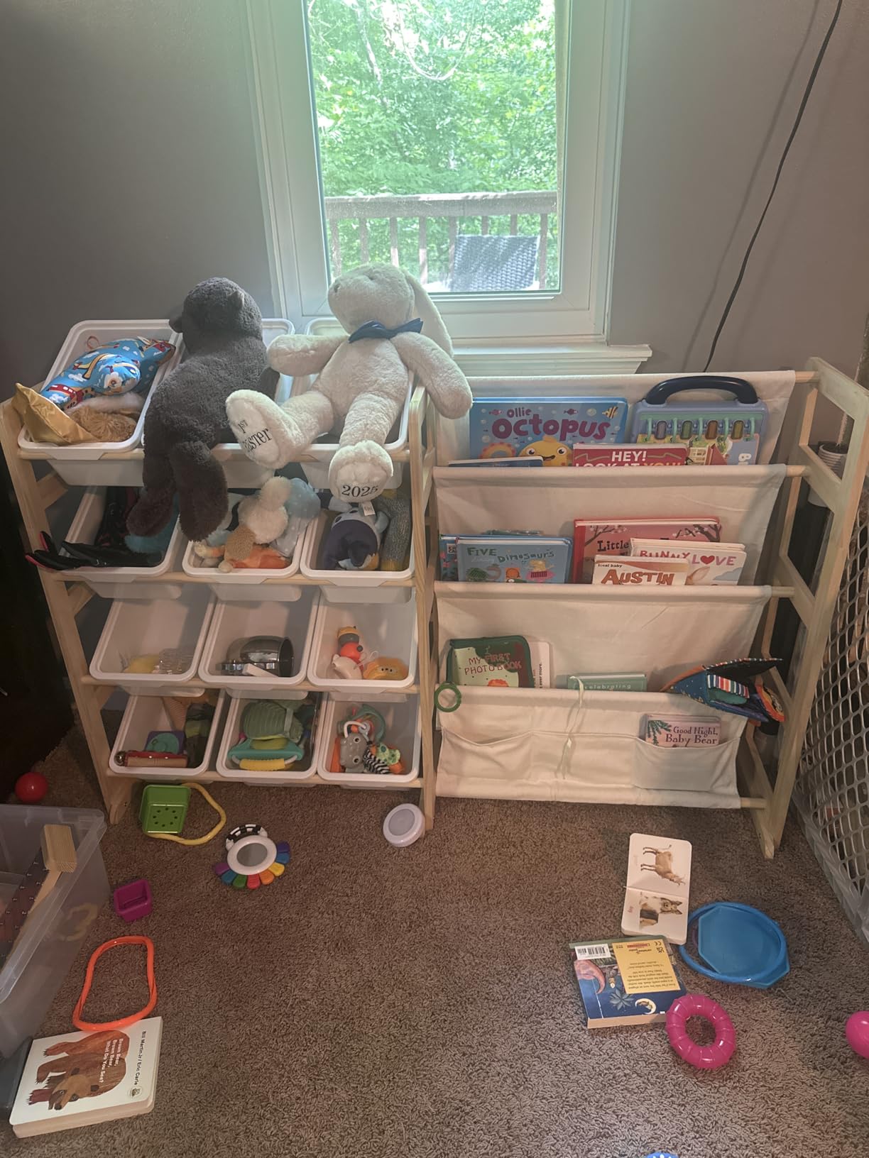 EXPERLAM Toy Storage Organizer with Bookshelf, Kids Toy Organizer and Storage Shelf with 12 White Bins, Solid Pine Wood Book Rack for Playroom, Nursery, Kids Room, Toys and Books customer photo 1