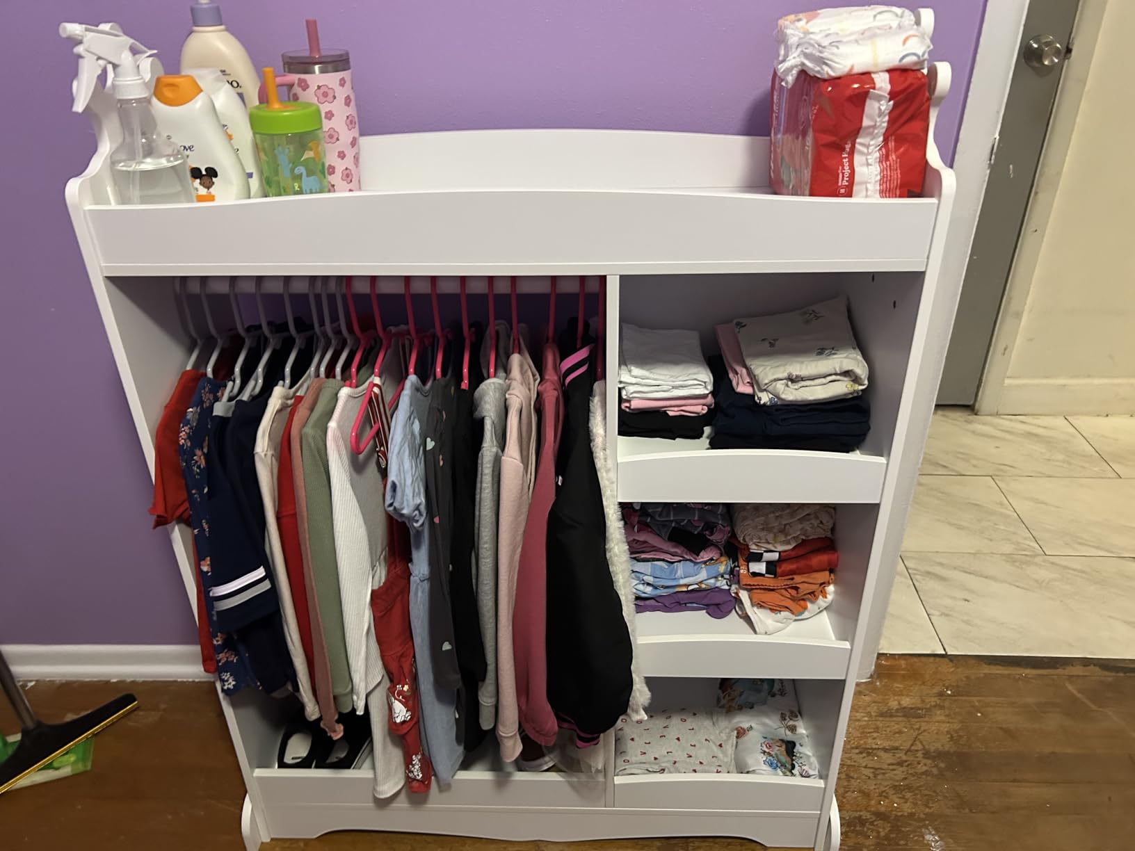 Curipeer Kids Dress Up Storage with Mirror, Kids Wardrobe with 3 Hooks, Kids Closet for Girls Boys, Open Hanging Armoire Costume Organizer for Bedroom, Preschool, Classroom, White customer photo 1