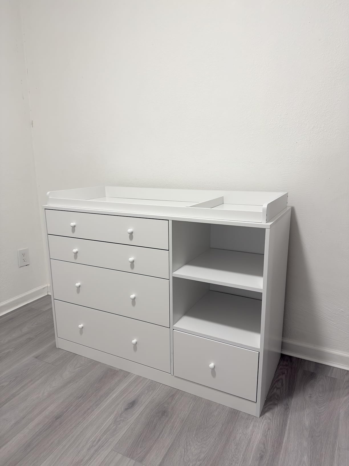 AIEGLE Baby Nursery Dresser, White Bedroom Dresser with 5 Drawers & Storage Shelves, Wood Chest of Drawers Nursery Storage Kids Organizer (47.6 L x 19.7 W x 36.1 H) customer photo 1