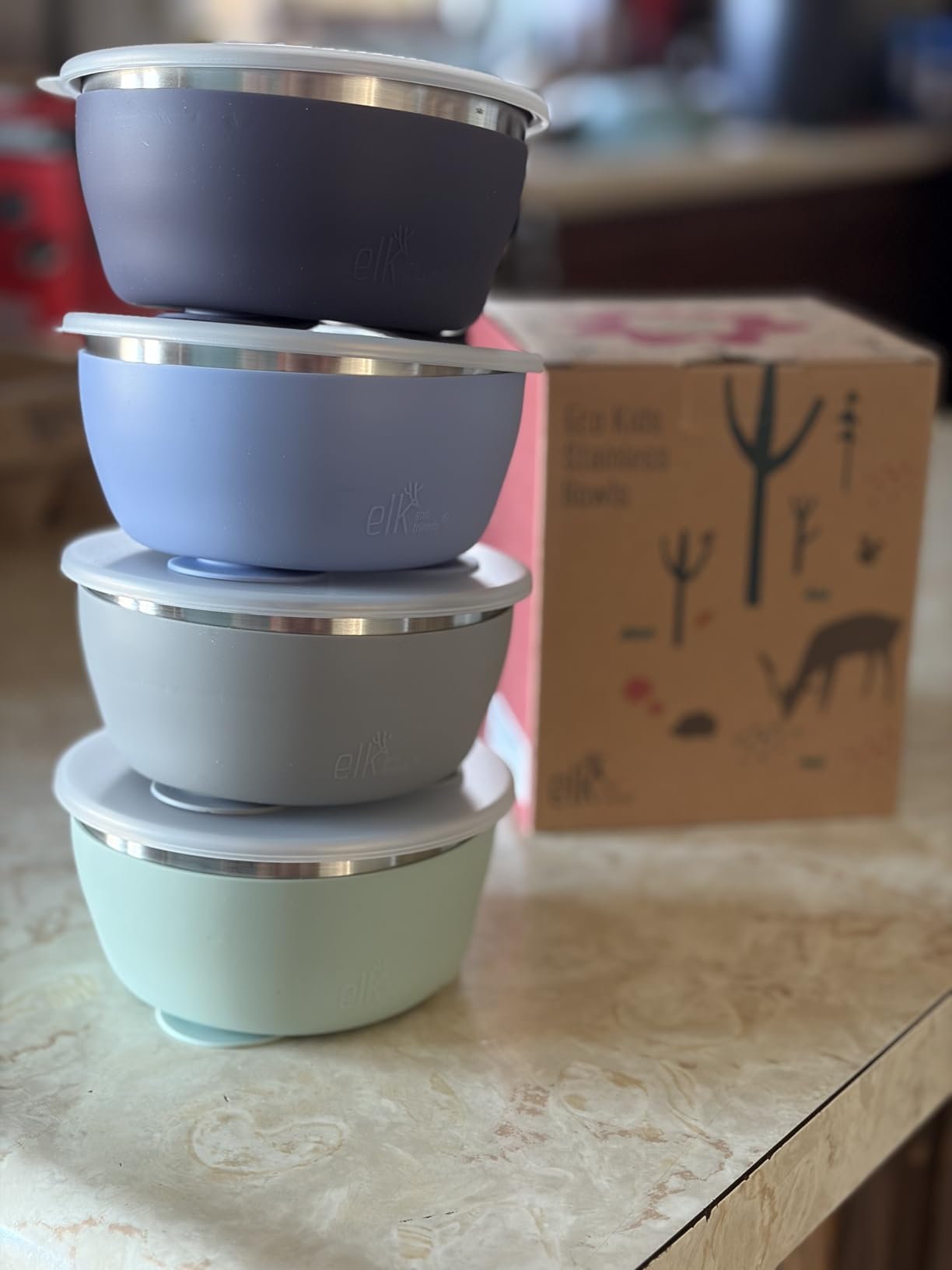 Elk and Friends Stainless Steel Bowls with Silicone Sleeve for Babies & Toddlers | Lids Included | Stay Put Suction | Cereal & Snack Bowls | 4 Pack customer photo 1