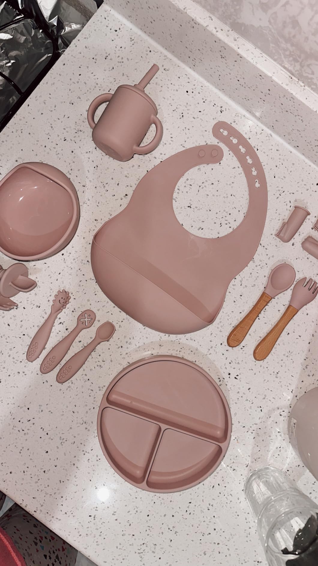 LITTLE RAWR Silicone Baby Feeding Set 14 Pcs, Baby Led Weaning Supplies, Baby Spoons Suction Bowl Divided Plate Bib Cup Finger Brush, First Stage Solid Food Eating Utensils - 6+ Months (Blue Gray) customer photo 1