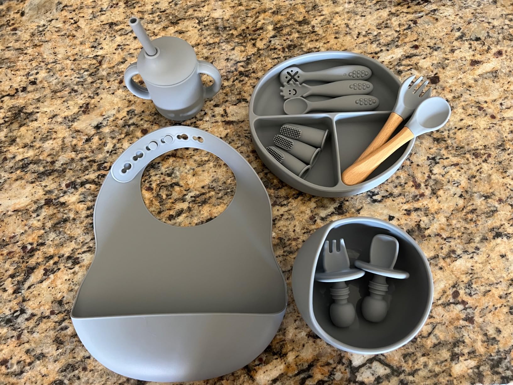 LITTLE RAWR Silicone Baby Feeding Set 14 Pcs, Baby Led Weaning Supplies, Baby Spoons Suction Bowl Divided Plate Bib Cup Finger Brush, First Stage Solid Food Eating Utensils - 6+ Months (Blue Gray) customer photo 2