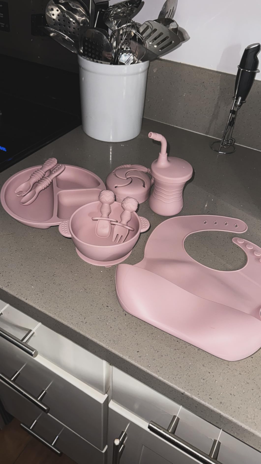 PandaEar Silicone Baby Feeding Set | 9PCS Baby Led Weaning Supplies Self Feeding Utensils | Divided Suction Plate Bowl Bibs Sippy Cup with Baby Snack Container Spoons Forks (Pink) customer photo 2