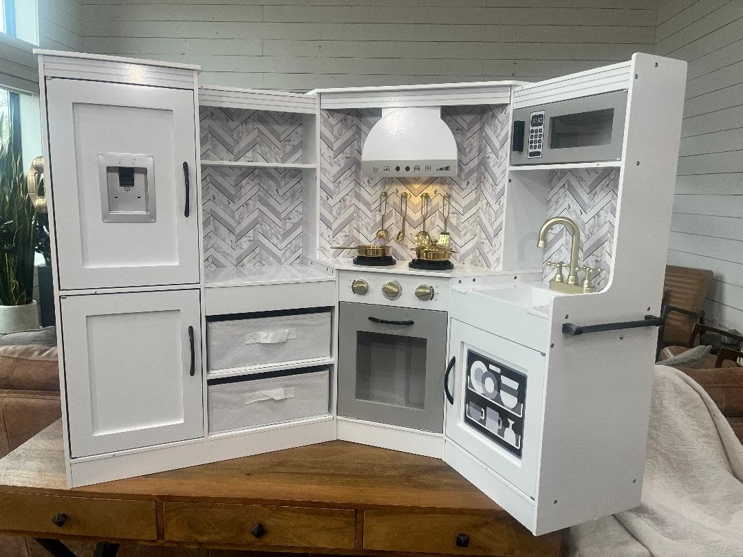 Best Choice Products Pretend Play Corner Kitchen, Ultimate Interactive Wooden Kids Playset w/Lights & Sounds, Ice Maker, Hood - White customer photo 2