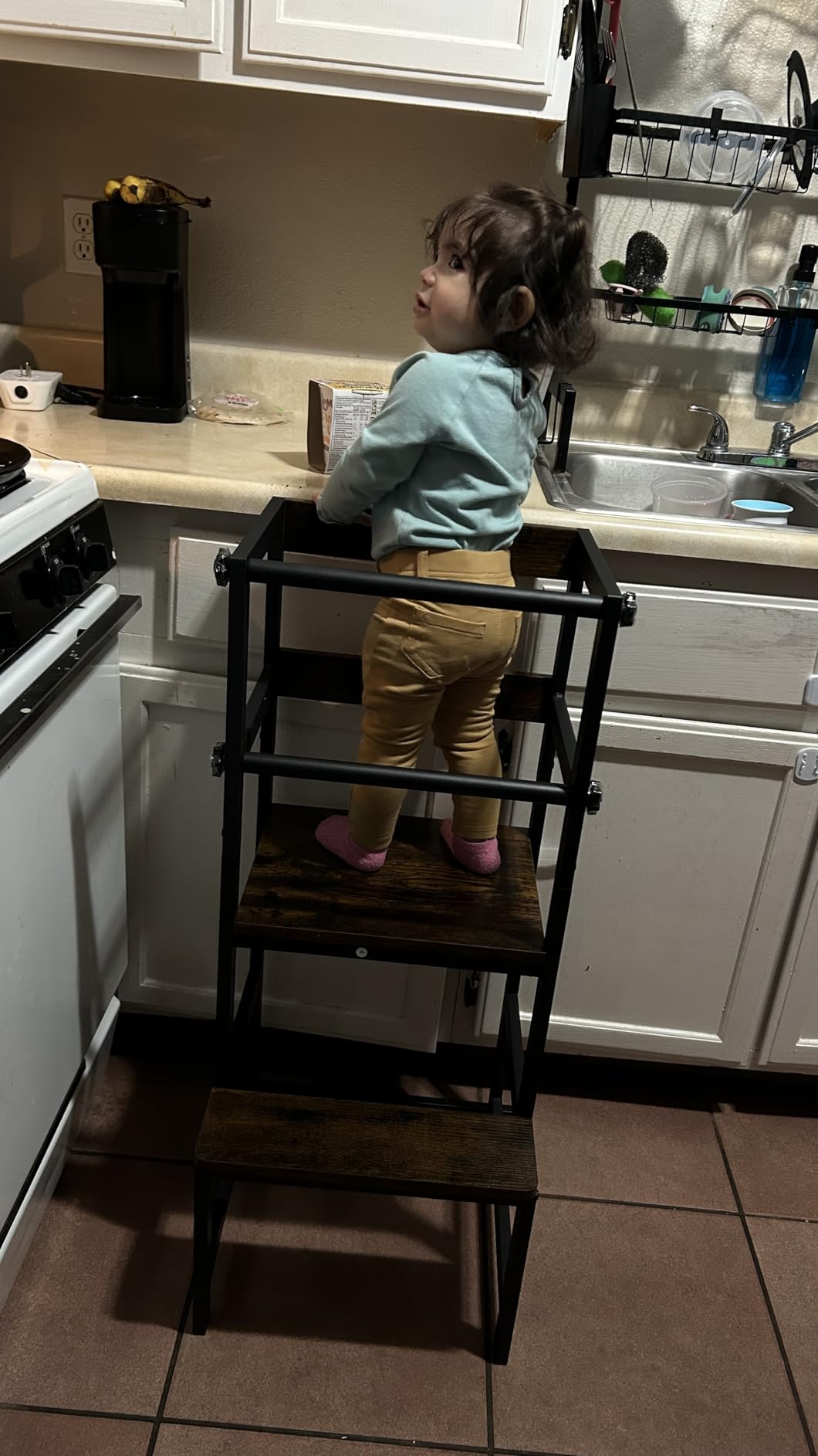 INNOD Kitchen Step Stool for Toddlers, Height Adjustable Toddler Tower with Safety Rail, Steel and Wood Toddler Kitchen Stool Helper Kids, Stool for Kids, Learning Tower, Kids' Desk Brown customer photo 2