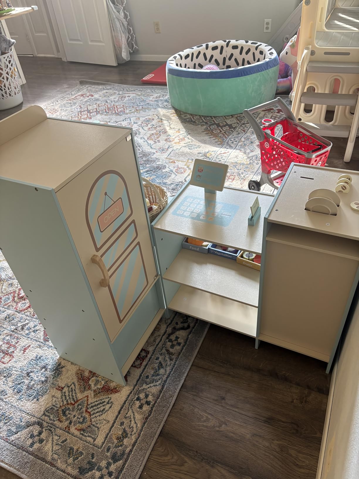 ROBUD Grocery Store Playset, Kids Play Store, Wooden Supermarket Playset with Cash Register, Chalkboard, Vending Machine, Coffee Machine, Oven, Play Food Accessories, Gift for Boys Girls 3+ customer photo 1