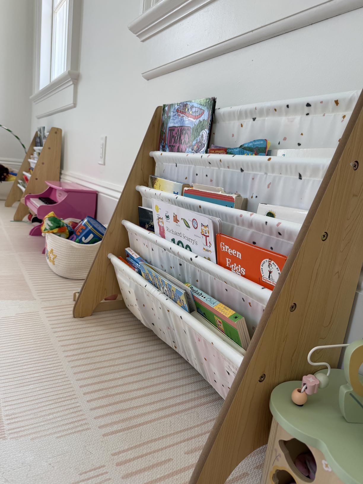 3 Sprouts Kids Bookshelf with Recycled Fabric - 4-Tier Sling Storage for Kids Rooms Holds 35 Titles - Toddler Organizer for Ages 3+ - Gingham Blue customer photo 1