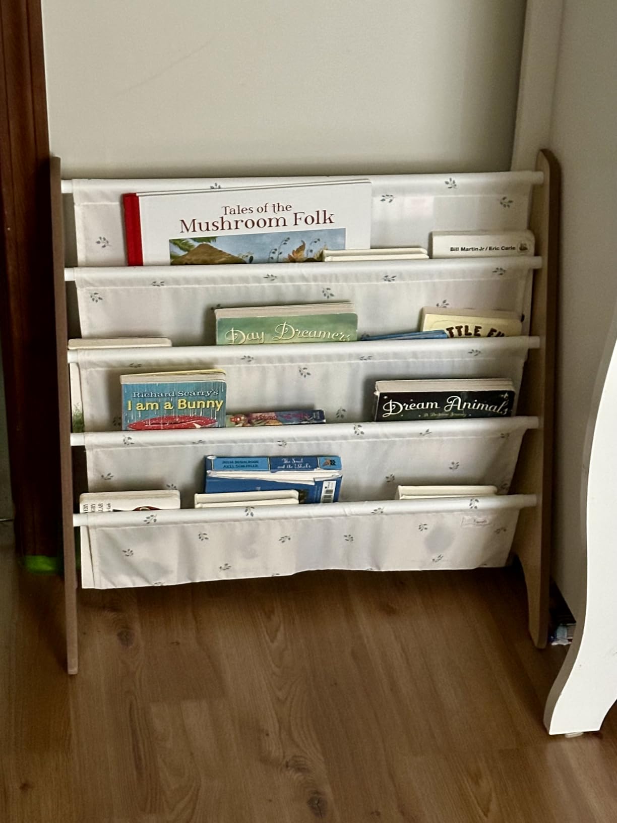 3 Sprouts Kids Bookshelf with Recycled Fabric - 4-Tier Sling Storage for Kids Rooms Holds 35 Titles - Toddler Organizer for Ages 3+ - Gingham Blue customer photo 2