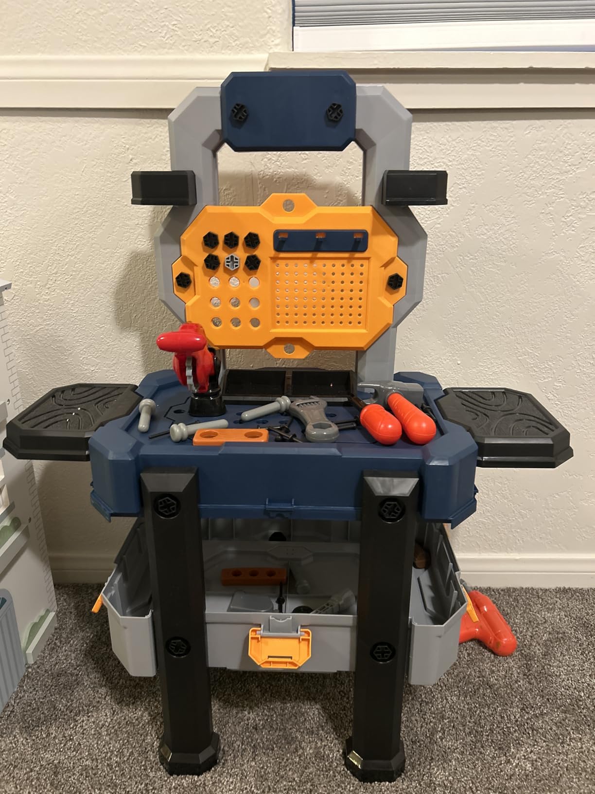 Jovow Kids Tool Bench with Realistic Tools and Electric Drill, Suitable for 3-5 Year Olds to Build Their Own Toy Workbench, 79 Pcs Realistic Toy Tools with Clothes, 32 x 26.6 x 14.4 in-Blue customer photo 2