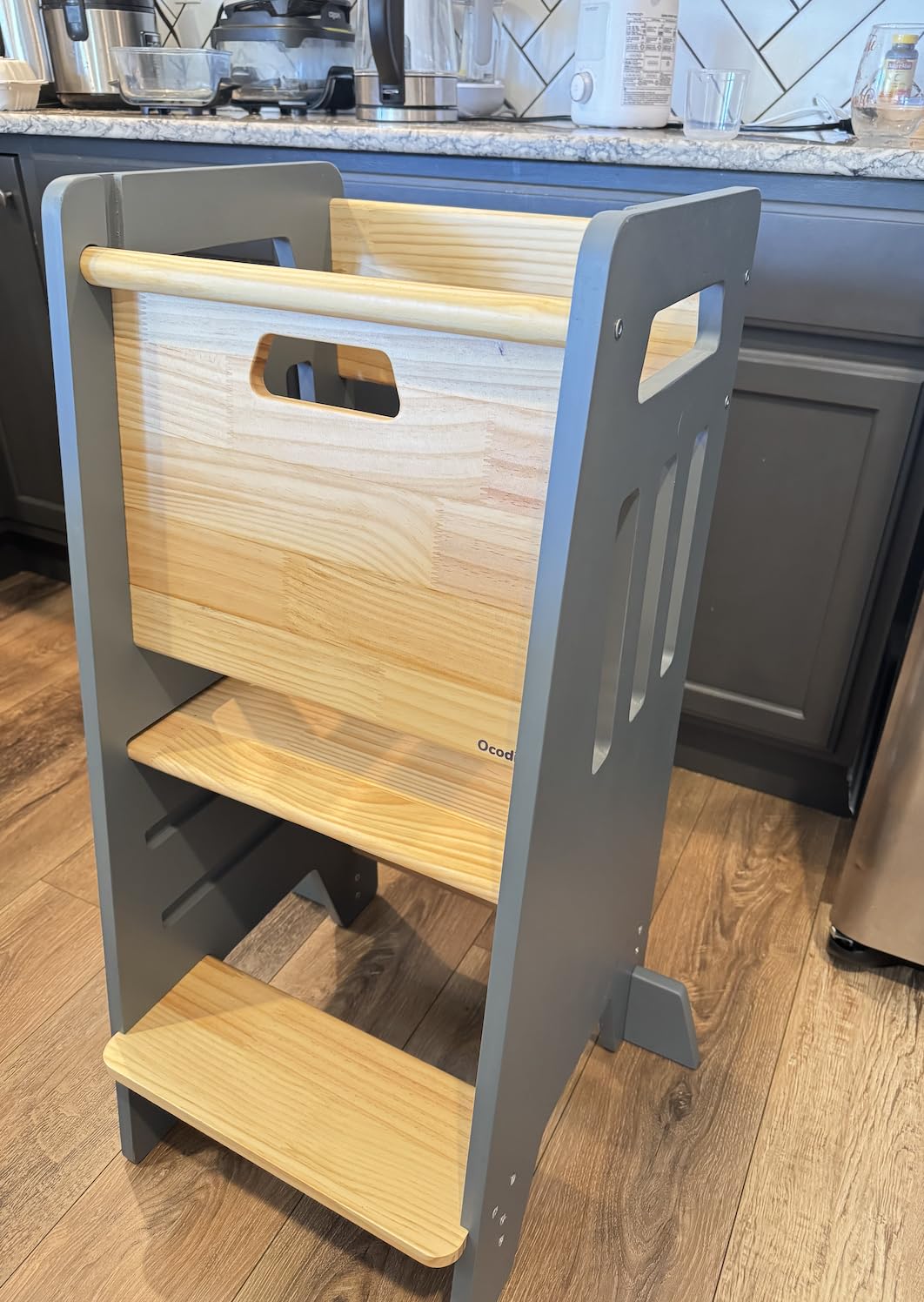 OCODILE Toddler Tower with a Sliding Door and 3 Adjustable Heights - Safe Toddler Kitchen Stool Helper with Support Feet - Updated Design for 18+ Months to 6-Year-Old Kids - Gray customer photo 1