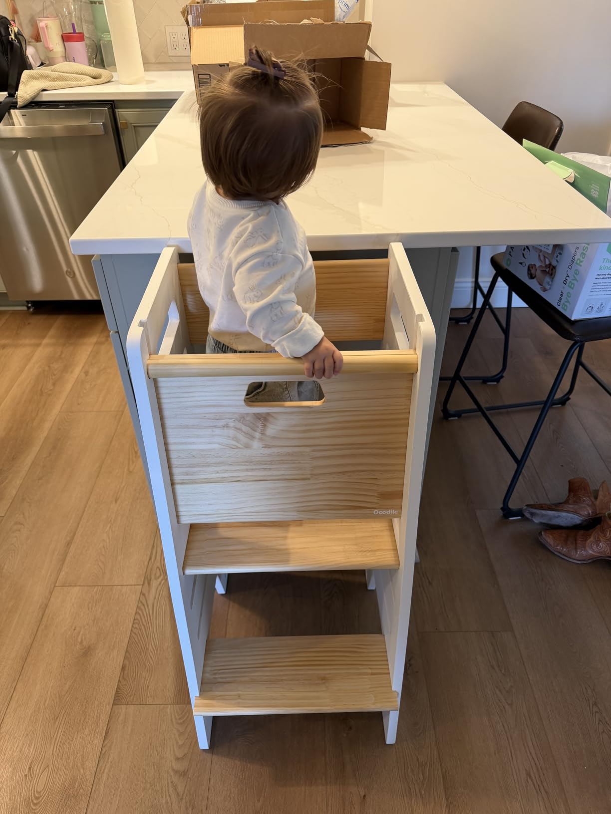 OCODILE Toddler Tower with a Sliding Door and 3 Adjustable Heights - Safe Toddler Kitchen Stool Helper with Support Feet - Updated Design for 18+ Months to 6-Year-Old Kids - Gray customer photo 2
