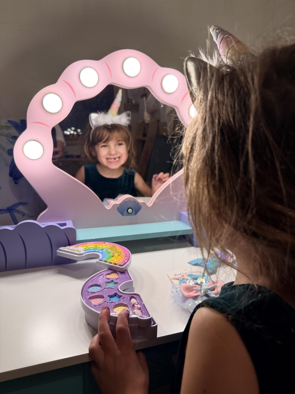 BRINJOY Kids Vanity Set with Lighted Mirror, Princess Make Up Dressing Table and Stool Set w/Jewelry Storage Rack & Make Up Brush Holder, Wooden Children Vanity Table Pretend Playset for Girls customer photo 2