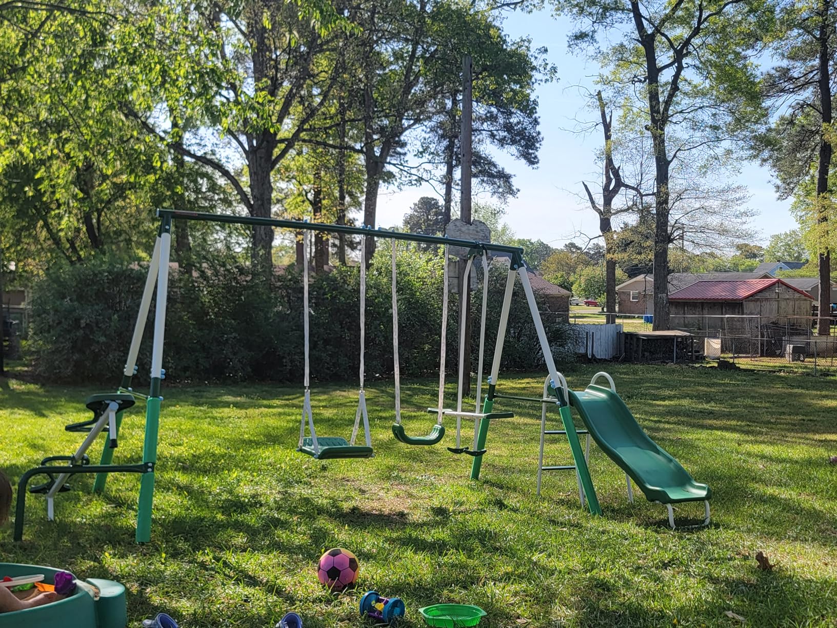Sportspower Park Ridge Metal Swing Set for Ages 3-8, 2 Swings, Standing Swing, Roman Glider, Teeter Totter, 5ft Slide, 6.1ft Durable Steel Frame, Anchor Kit, 800lbs customer photo 1