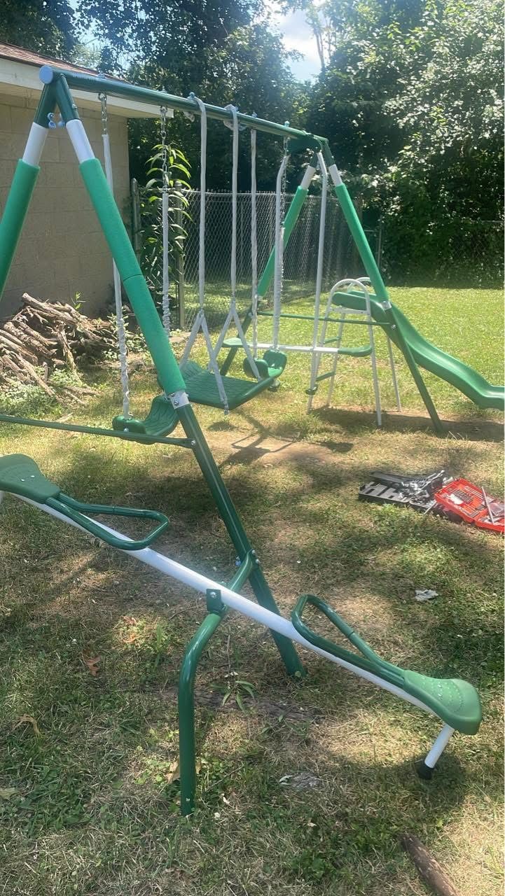 Sportspower Park Ridge Metal Swing Set for Ages 3-8, 2 Swings, Standing Swing, Roman Glider, Teeter Totter, 5ft Slide, 6.1ft Durable Steel Frame, Anchor Kit, 800lbs customer photo 2
