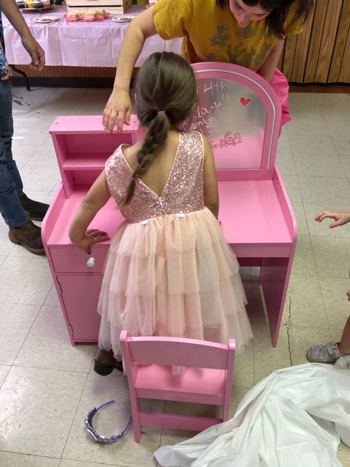 HONEY JOY Kids Vanity with Lights, Little Girls Vanity Set with Mirror and Stool and Lights, Wooden Princess Makeup Dressing Table, Storage Cabinet, Pretend Play Kids Vanity Table and Chair Set(Pink) customer photo 1
