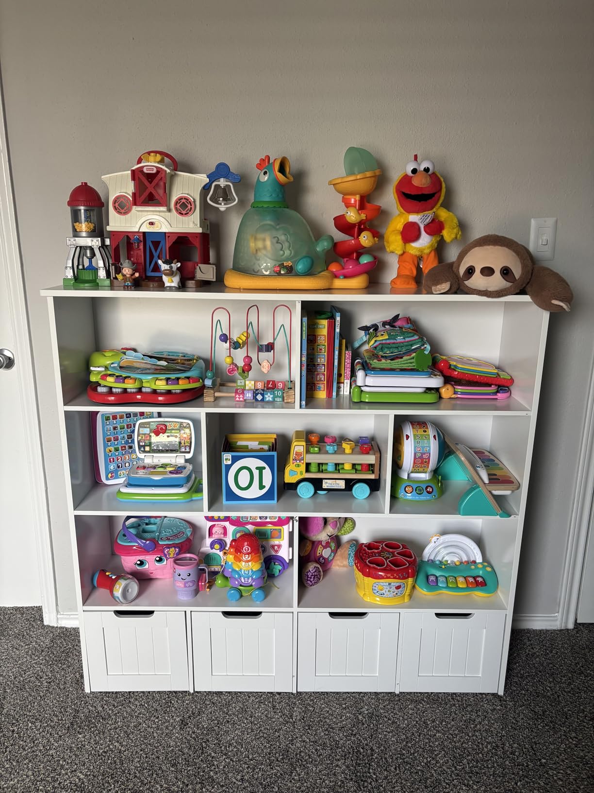FINETONES Toy Storage Organizer, Kids Bookshelf with 4 Movable Chests and 7 Storage Cubes, Toy Chest Storage with Hidden Wheels, Toy Organizers and Toy Storage, White customer photo 1