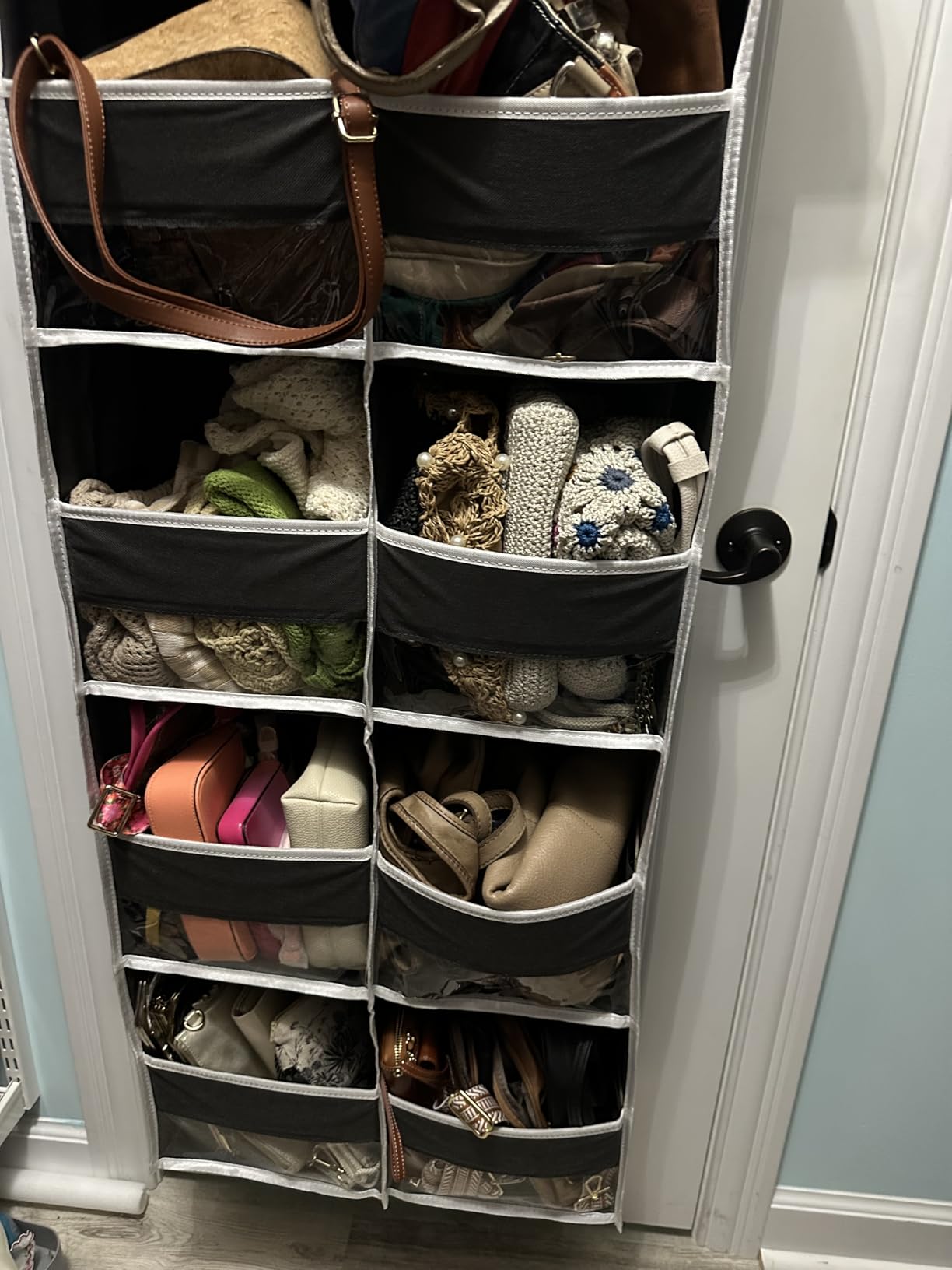 Heavy Duty Over The Door Organizer 5 Tiers, Extra Large Behind Door Storage of 10 Big Front & 10 Mesh Pockets, 80lb Weight Capacity, Hanging Doors Storage Organizer for Closet Bedroom Nursery, Grey customer photo 2