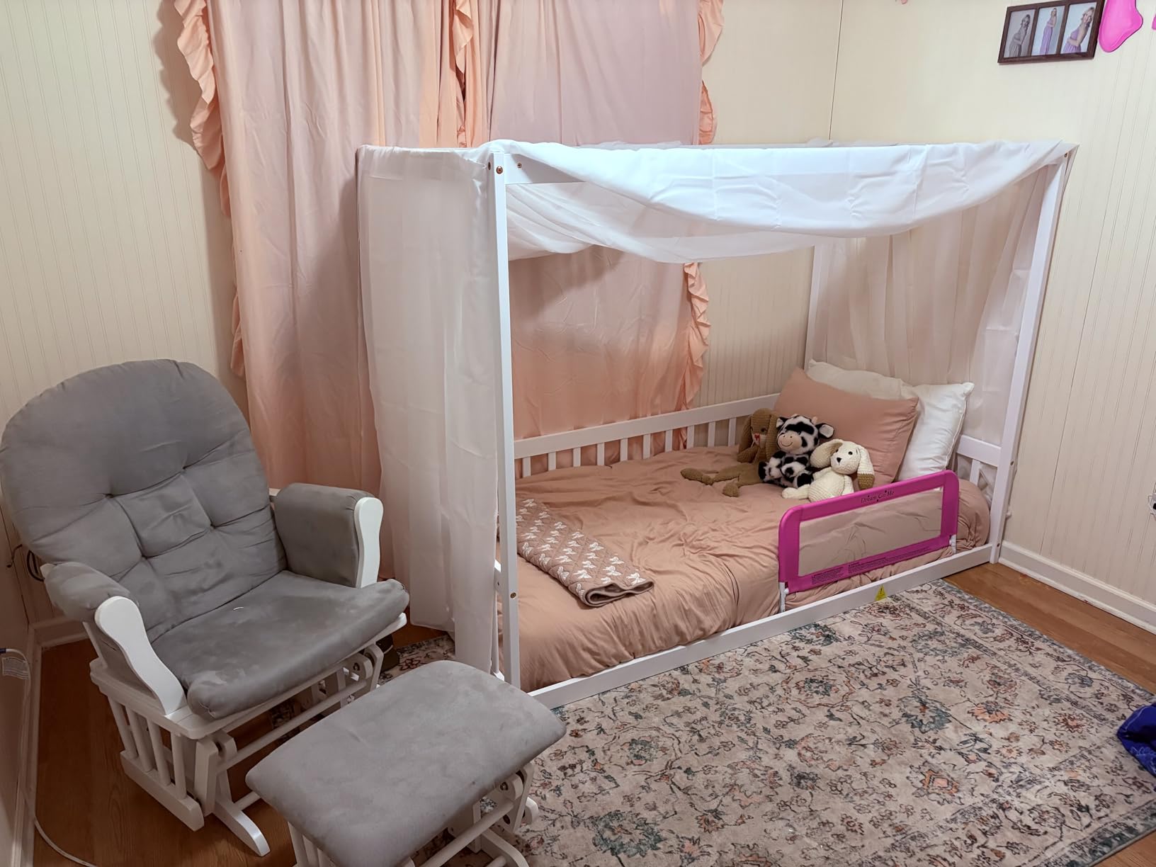 Full Size Canopy Bed Frame with Guardrails for Kids, Floor Bed Full with Four Poster Design, Kids Montessori Floor Bed, Wood Canopy Bed Frame for Girls, Boys (Full, White) customer photo 1