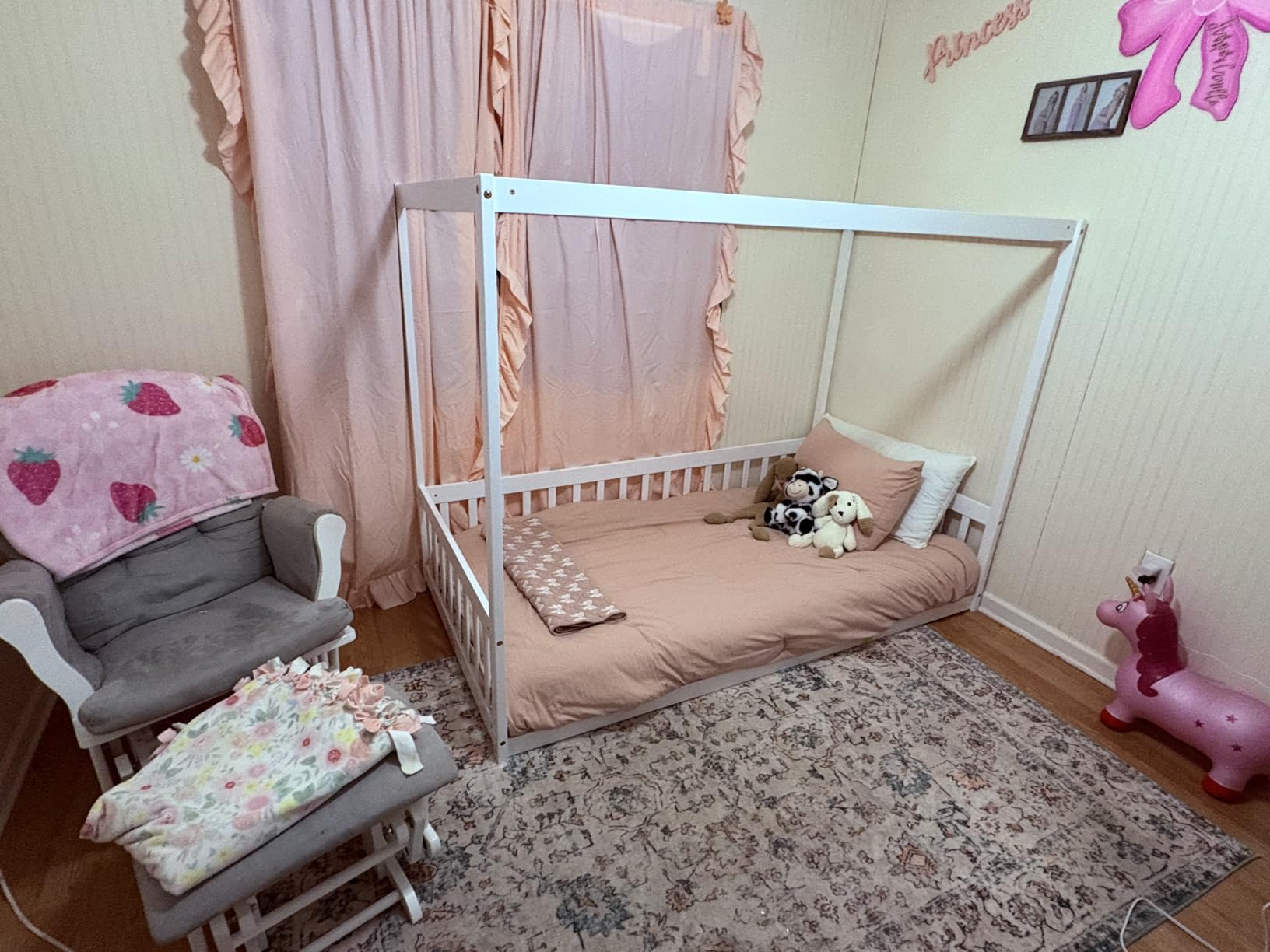Full Size Canopy Bed Frame with Guardrails for Kids, Floor Bed Full with Four Poster Design, Kids Montessori Floor Bed, Wood Canopy Bed Frame for Girls, Boys (Full, White) customer photo 2