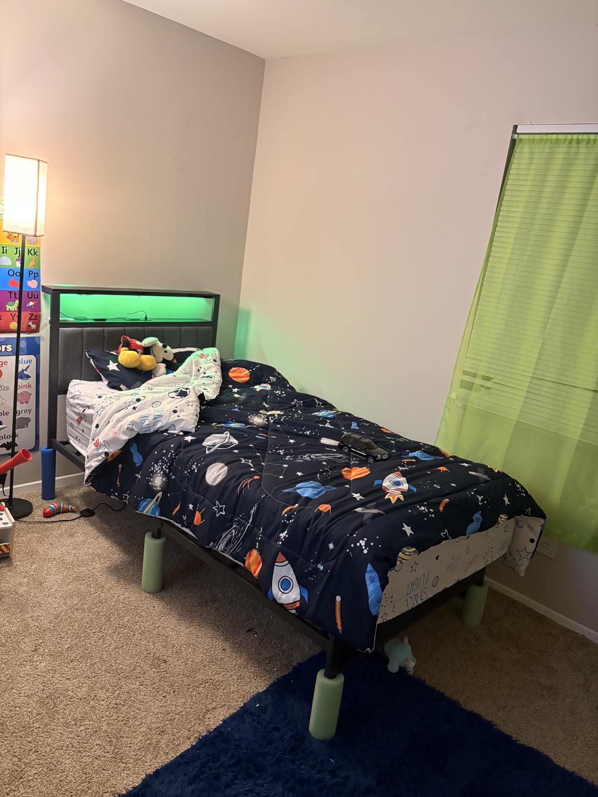 Furnulem Twin Size Bed Frame with Charging Station and LED Lights, Platform Bed with Metal Slats, Grey Upholstered Headboard with 2-Tier Storage Shelves, No Box Spring Needed customer photo 1