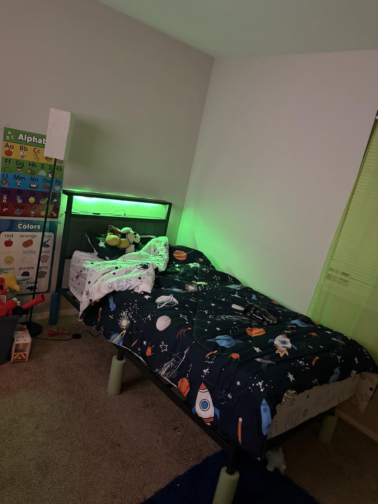 Furnulem Twin Size Bed Frame with Charging Station and LED Lights, Platform Bed with Metal Slats, Grey Upholstered Headboard with 2-Tier Storage Shelves, No Box Spring Needed customer photo 2