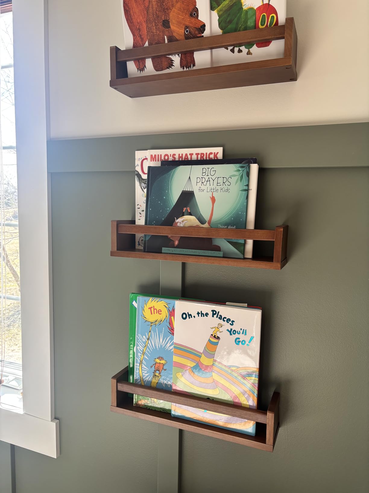 Harwaya Floating Nursery Book Shelves for Wall, Natural Wood Wall Bookshelf for Kids Room Bedroom, Small Wooden Hanging Baby Book Shelf and Toy Organizer for Nursery Girl Boy Toddler Child - Set of 3 customer photo 2
