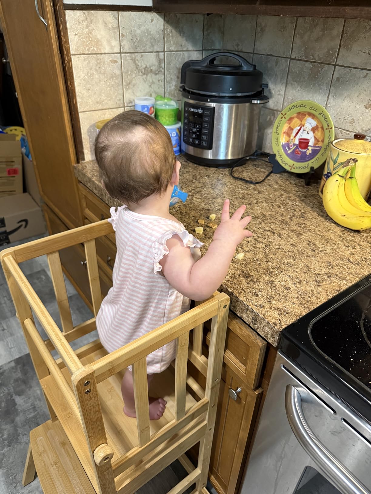 COSYLAND Toddler Standing Tower - Adjustable Height Toddler Kitchen Stool Helper - Kids Kitchen Step Stool for Learning with Removable Safety Railing Natural customer photo 1