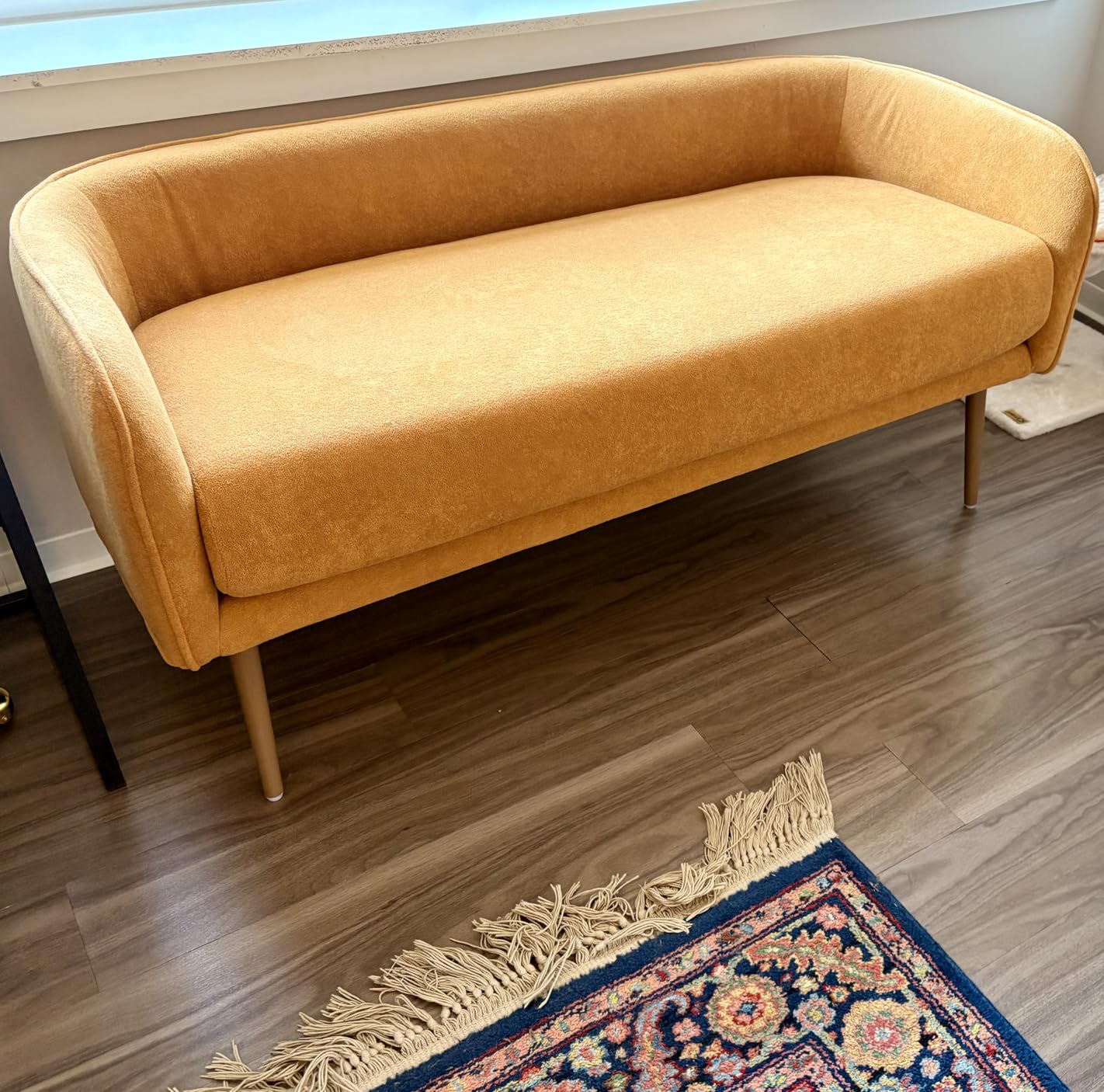 Bedroom Bench with Low Back, Inside Metal Frame, Extra Seat for Living Room, Entryway or Dining Bench (Yellow) customer photo 1