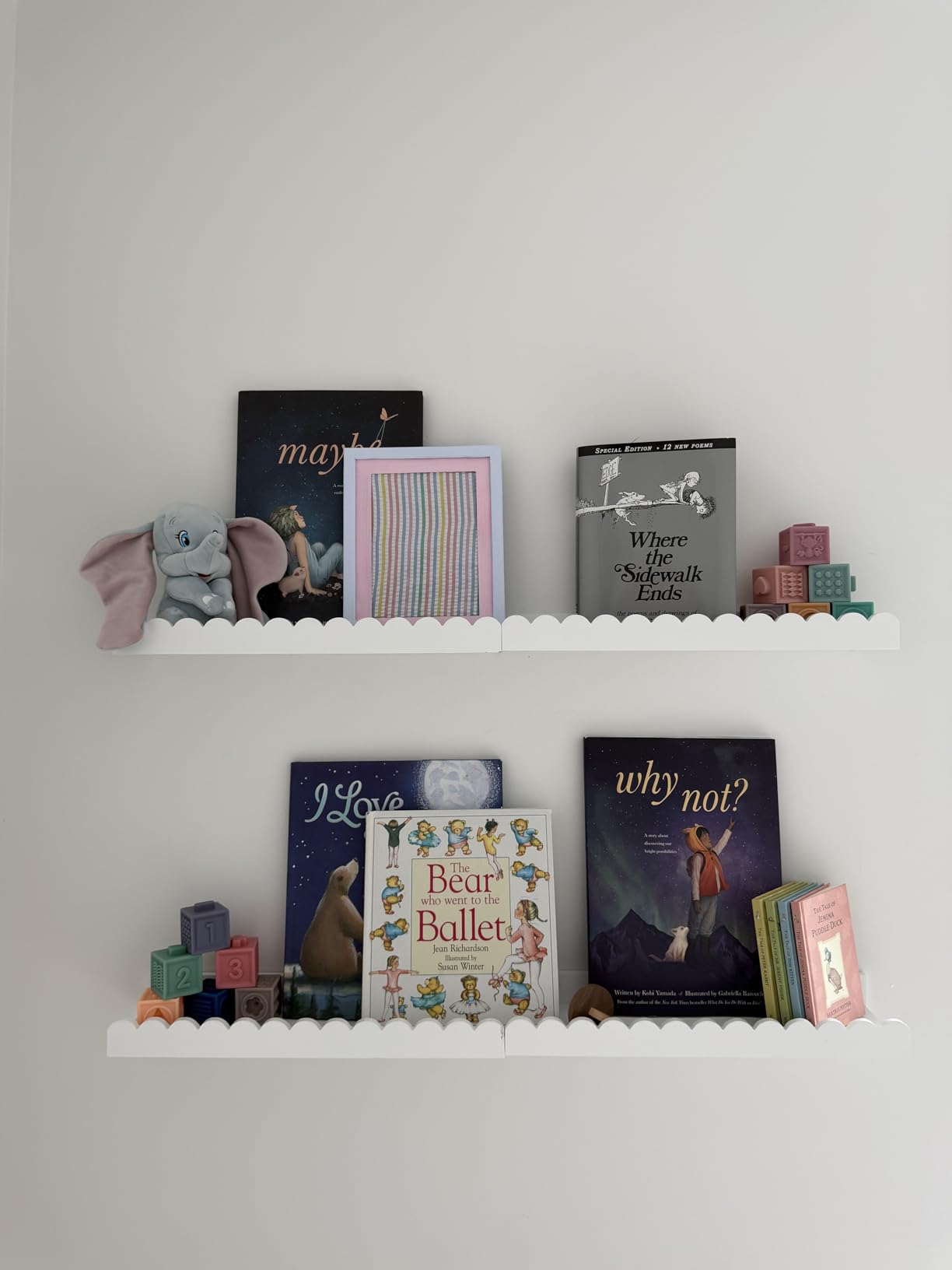 Shario Nursery Book Shelves, 4-Pack White Floating Shelves for Wall Kids, Scalloped Shelves, Wall Book Shelves for Bedroom Kids, Toddler Room, Baby Room, Nursery Decor customer photo 1
