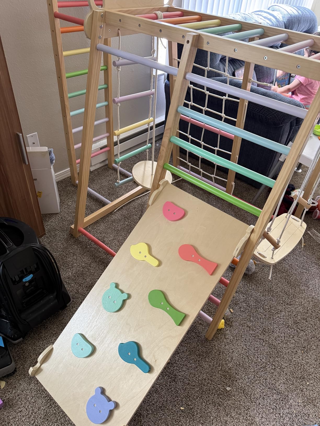 BlueWood Upgraded Indoor Jungle Gym 9-in-1 Playground Kids Climbing Toys, Waldorf Style Wooden Climber Playset with Slide, Swing, Monkey Bars, Upright/Rope Ladder, Climb Net, Rainbow customer photo 1