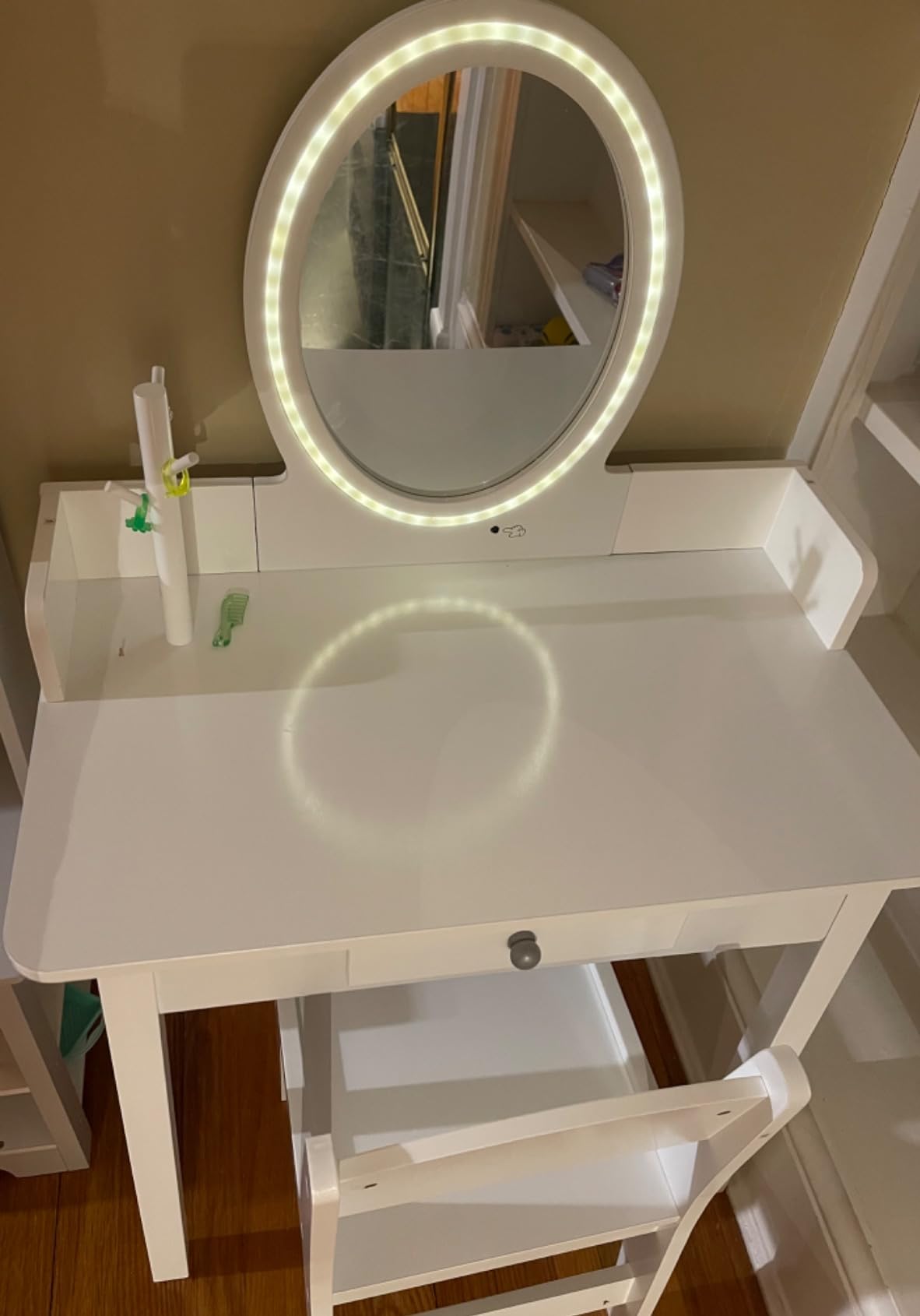 HONEY JOY Kids Vanity Set with Lighted Mirror, 2 in 1 Princess Toddler Dressing Table w/Drawer, Jewelry Tree Organizer, Wooden Makeup Table & Chair Set, Pretend Play Vanity Set for Little Girls, Pink customer photo 2