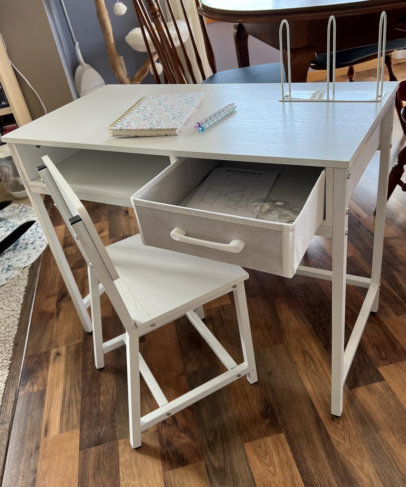 MAHANCRIS Kids Desk and Chair Set, Student Writing Desk, Kids Study Desk with Book Sorter and Fabric Drawer, Kids Wooden Study Table, for Study, Kids Room, Bedroom, White customer photo 2
