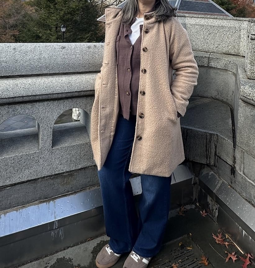 chouyatou Women's Winter Single Breasted Long Wool Coat with Hood Casual Wool Blend Trench Coat Jacket customer photo 1
