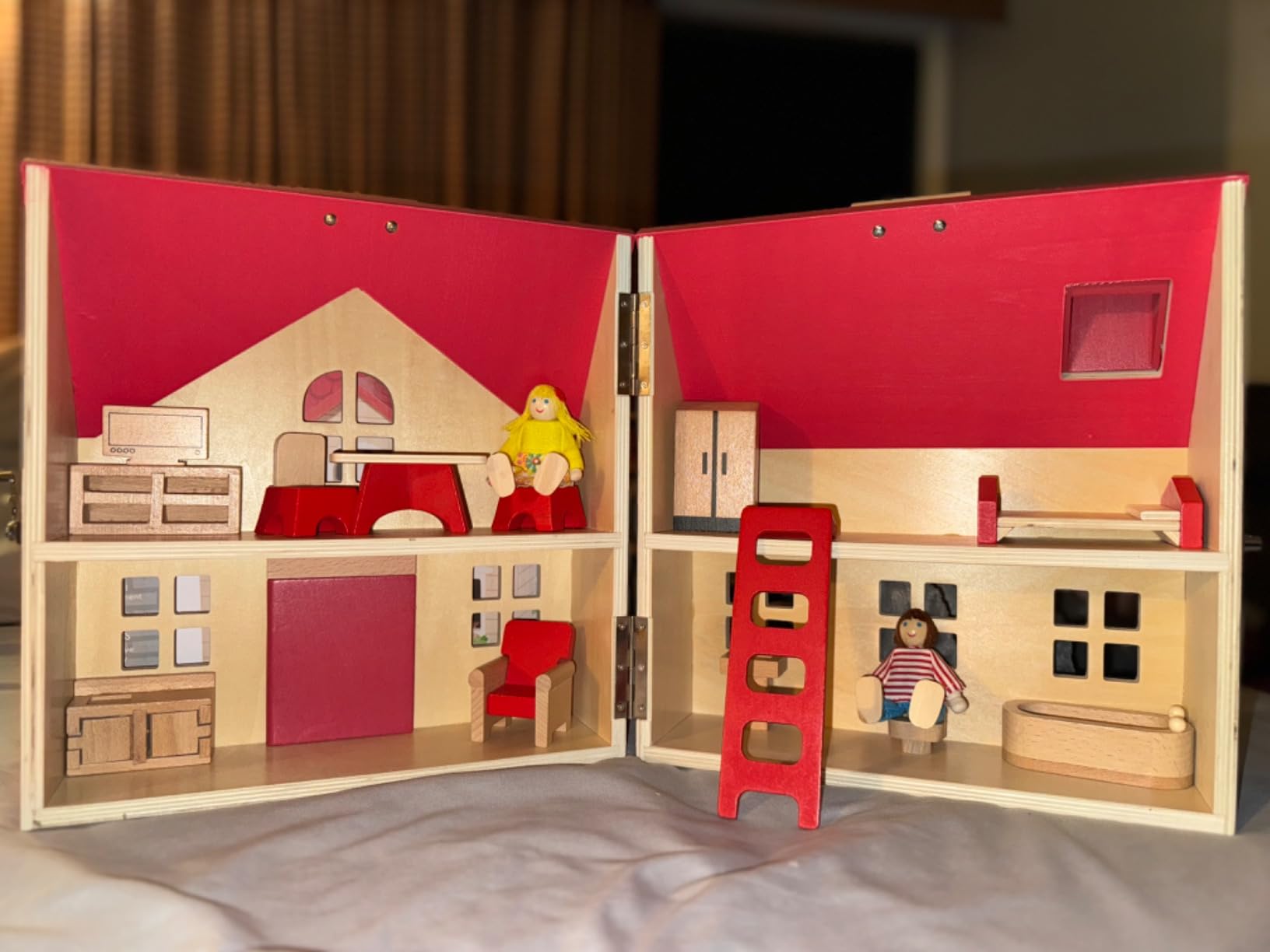 Foldable Wooden Dollhouse with 13PCS Furniture, 4 Rooms and 2 Flexible Dolls, Pretend Play Doll House Set with Portable Handle, Christmas Birthday Gift for Boys Girls Age 3+ customer photo 2