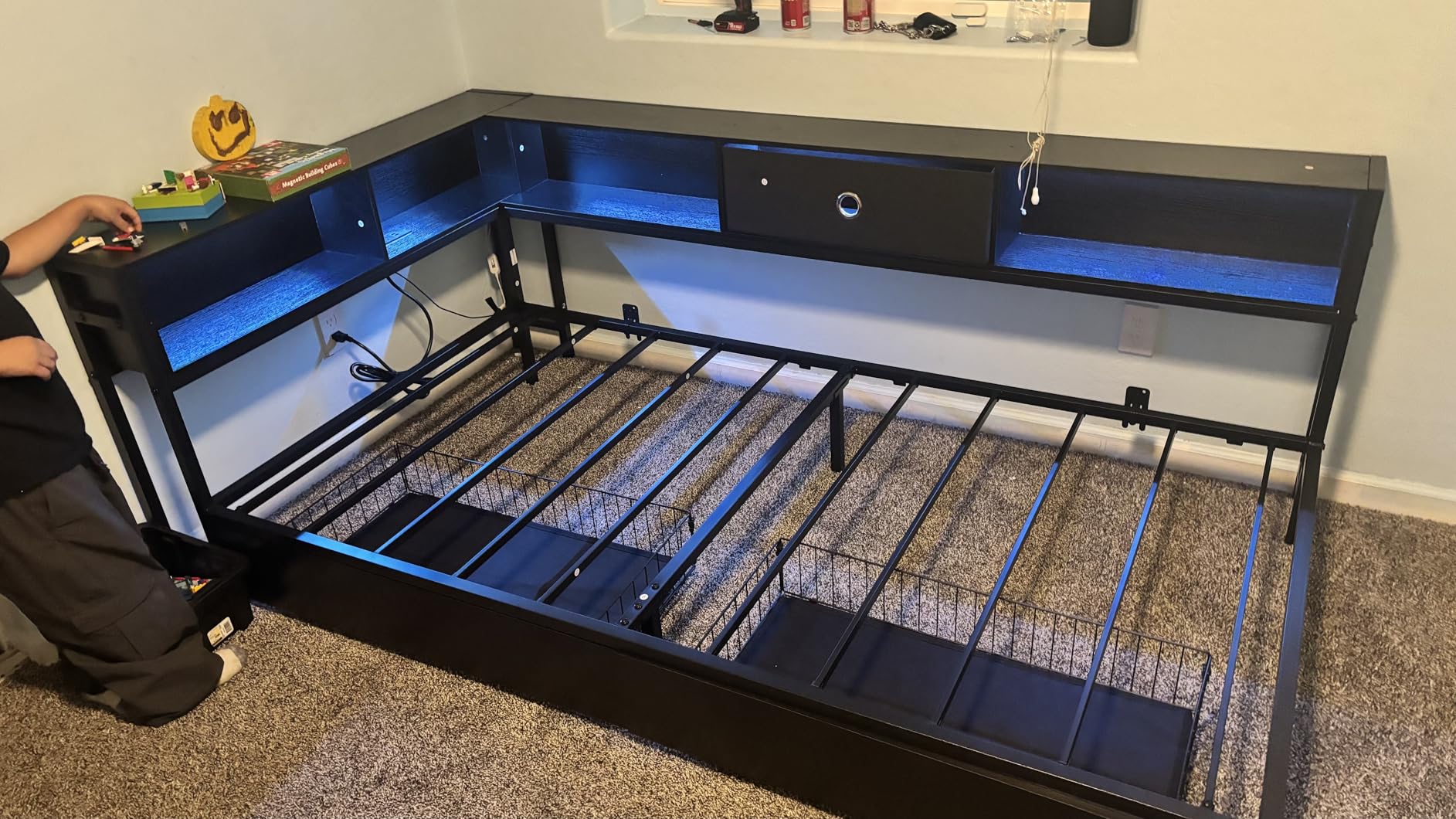 DICTAC Twin Corner Bed Frame with Bookcase Storage Headboard and 2 Drawers Twin Size Metal Platform Bed Frame with Led Lights and Charging Station,Twin Size Daybed for Kids and Teen,Oak Gray customer photo 1