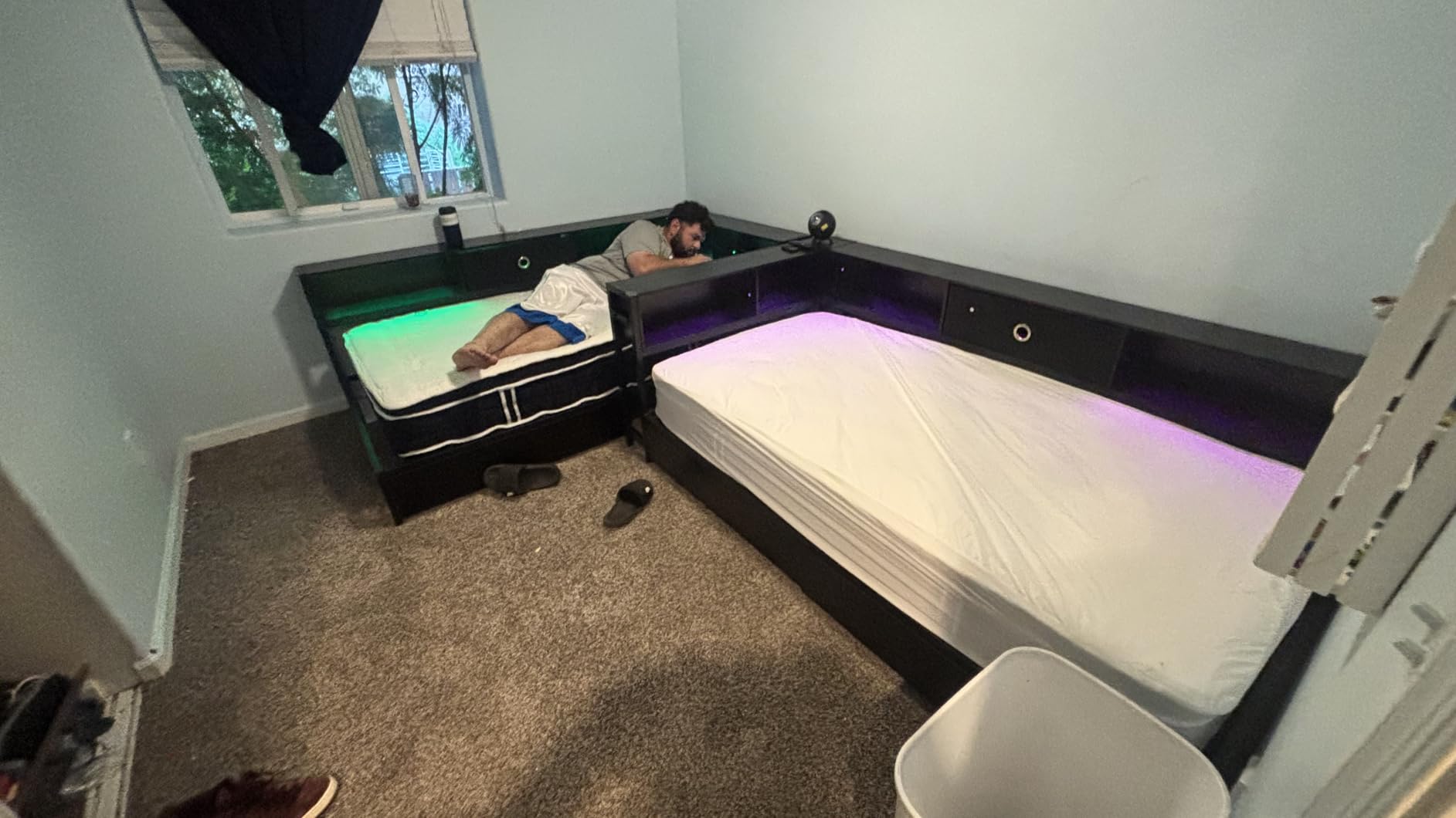 DICTAC Twin Corner Bed Frame with Bookcase Storage Headboard and 2 Drawers Twin Size Metal Platform Bed Frame with Led Lights and Charging Station,Twin Size Daybed for Kids and Teen,Oak Gray customer photo 2