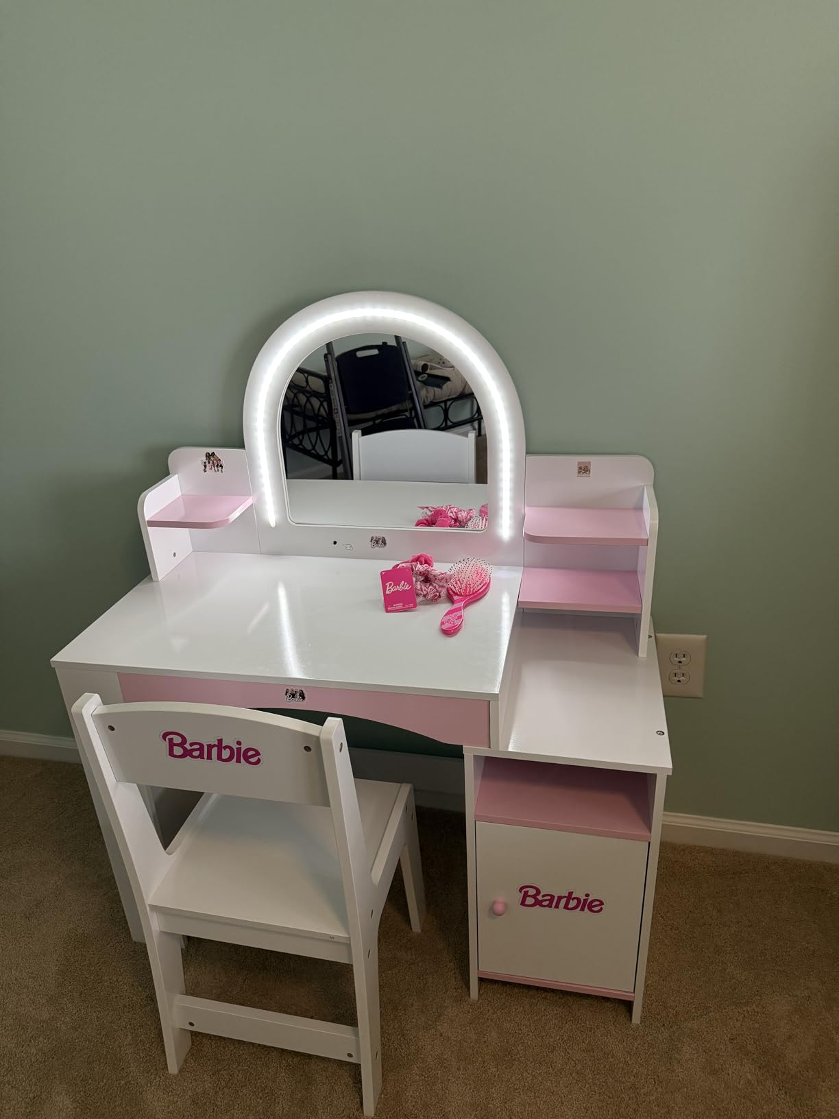 MU Kids Vanity with Lights, Princess Makeup Vanity Desk with Open Bookshelf, Storage Cabinet & Shelves, 2 in 1 Toddler Vanity Table & Chair Set with Lighted Mirror for Little Girls, Pink customer photo 2