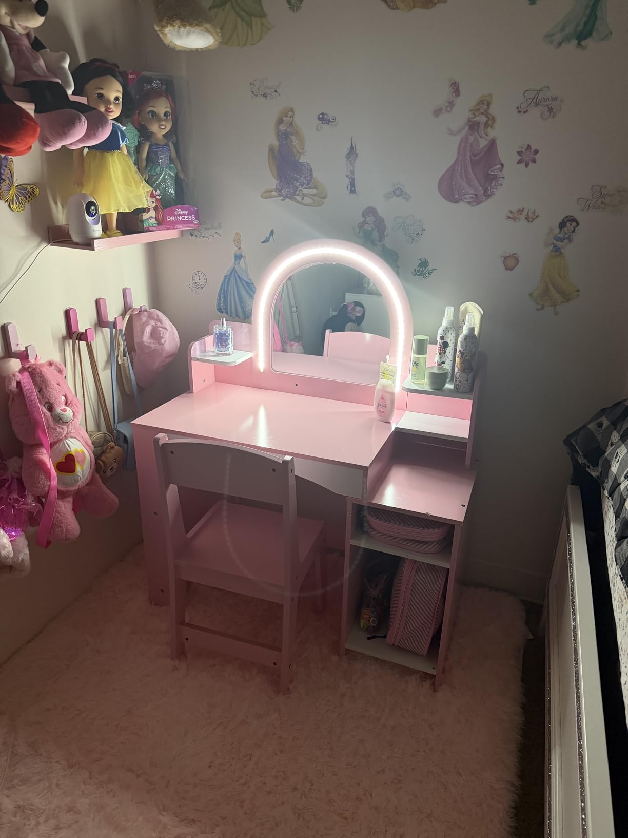MU Kids Vanity with Lights, Princess Makeup Vanity Desk with Open Bookshelf, Storage Cabinet & Shelves, 2 in 1 Toddler Vanity Table & Chair Set with Lighted Mirror for Little Girls (White) customer photo 1