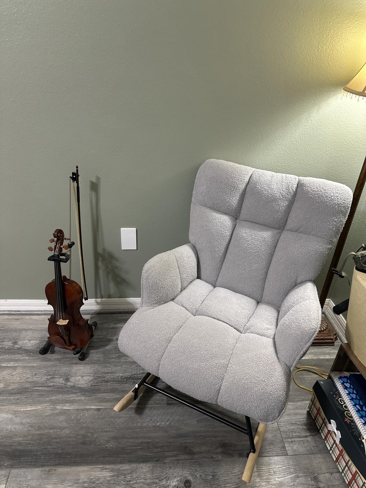 SAETSFEG Rocking Chair Nursery Teddy Upholstered Glider Rocker, Padded Seat with High Backrest Armchair for Living Room Bedroom (Grey Teddy) customer photo 2