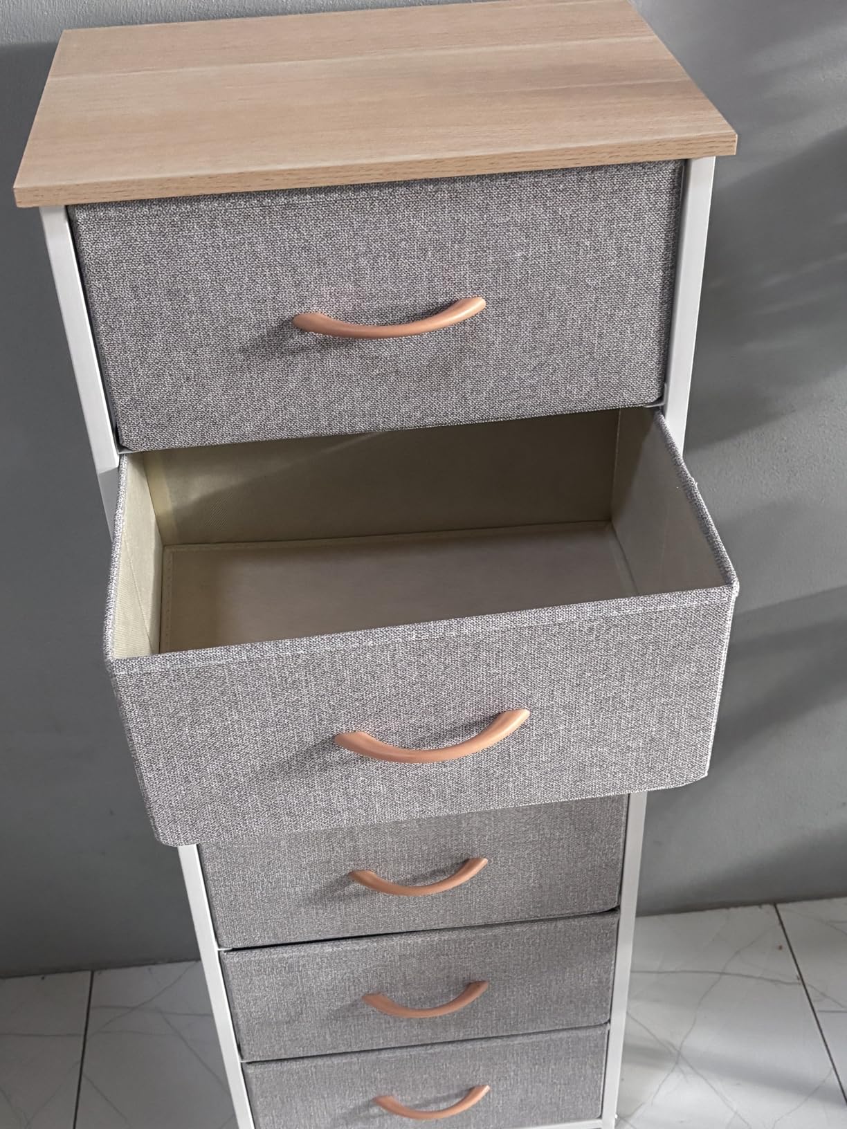Somdot Narrow Dresser with 4 Drawers, Slim Storage Organizer Chest of Drawers with Removable Fabric Drawers for Small Spaces Bathroom Closet Bedroom Laundry, White Leather customer photo 2