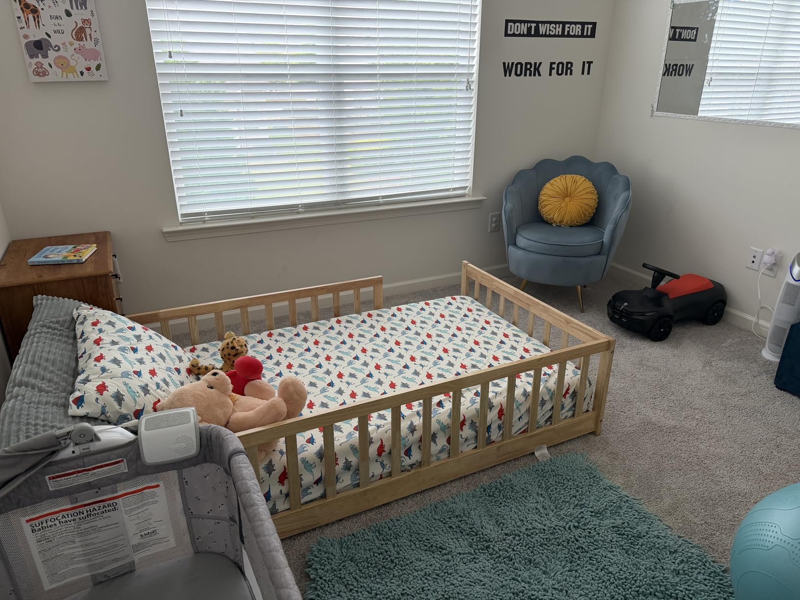 PVWIIK Full Size Montessori Floor Bed with Roof and Fence Guardrails for Boys Girls Bedroom, Full Size Floor Wood Bed, No Box Spring Needed, Natural customer photo 2