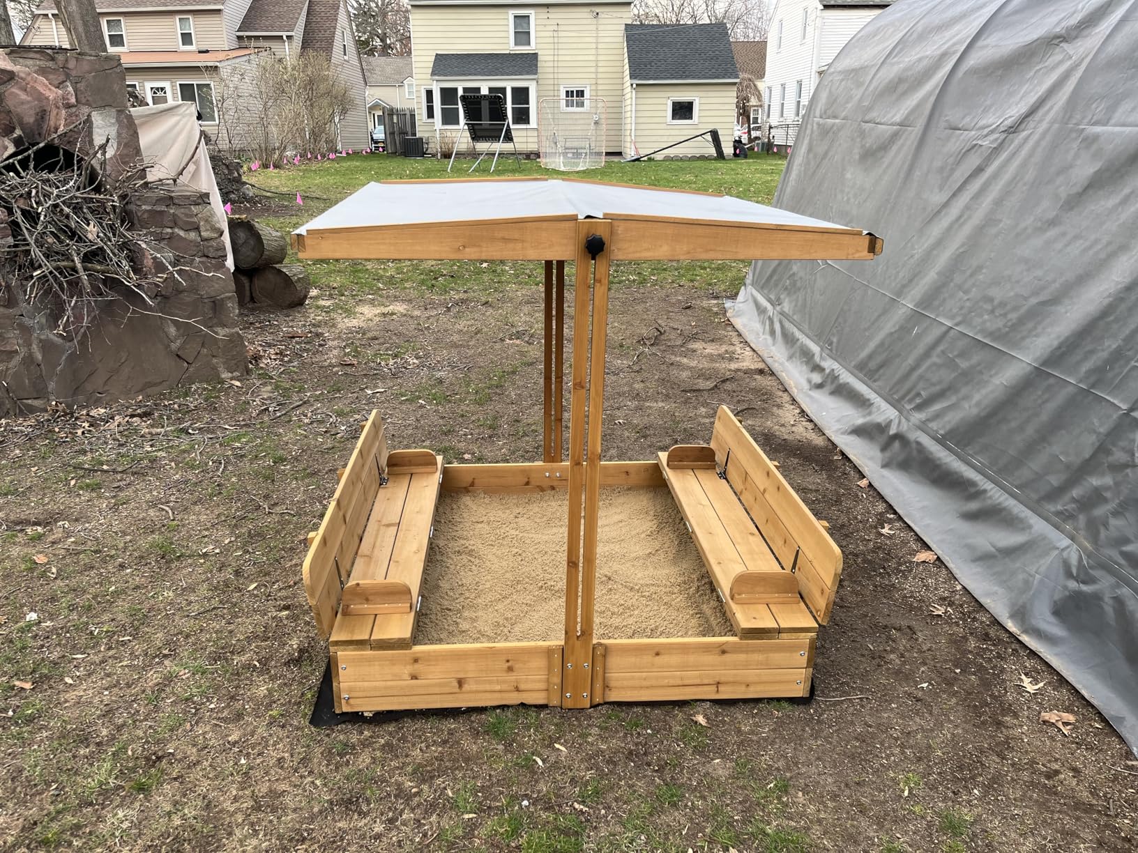Kids Sand Box with Cover, Wooden Outdoor Sandbox with Lid, Foldable Bench Seat/Adjustable Canopy, UV-Protection & Natural Wood, Sand Box for Kids Ages 2-8 (47x47in) customer photo 2