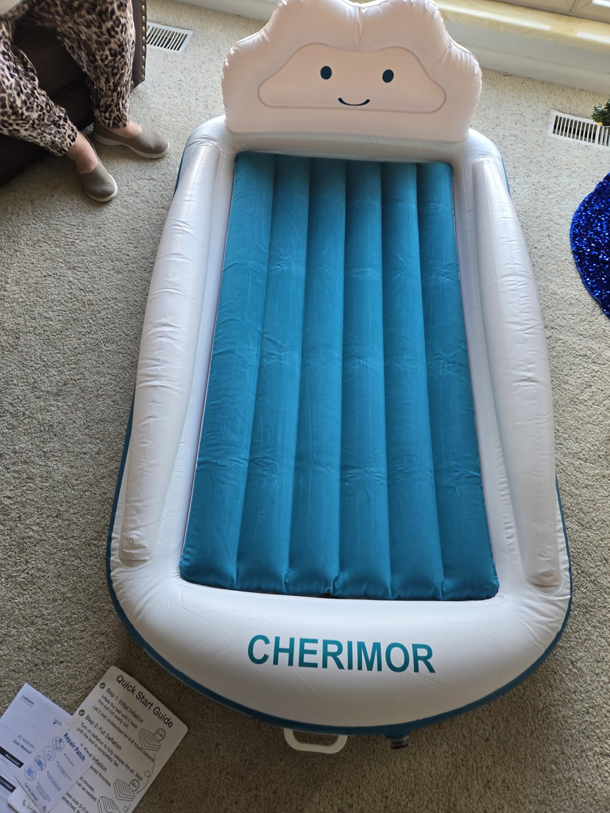 CHERIMOR Toddler Air Mattress with Electric Pump, Inflatable Toddler Travel Bed with Safety Sides, Portable Kids Blow Up Mattress for Travel, Camping Grandma Sleepovers Playing Air Bed, Gift for Kids customer photo 1